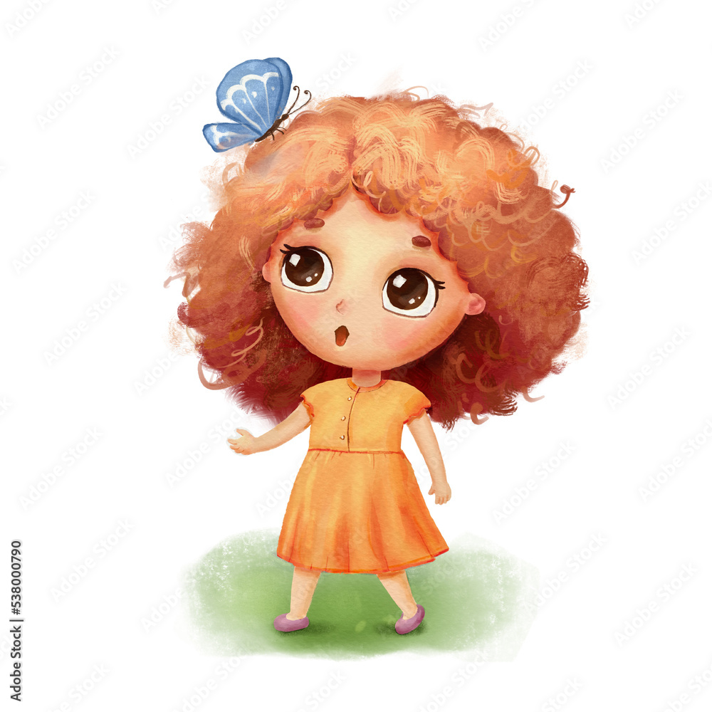Cute girl in yellow dress with butterfly on head. Funny hand drawn character in cartoon style isolated on white Cute girl in yellow dress with butterfly on head. Funny hand drawn character in cartoon style isolated on white