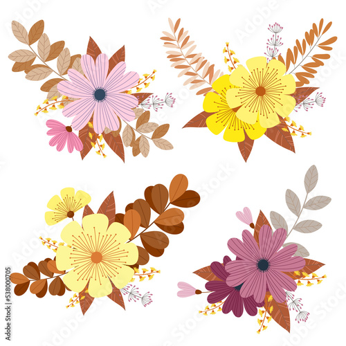 Multicolored flowers and leaves set, wedding concept Invitation letter for greeting cards on white background