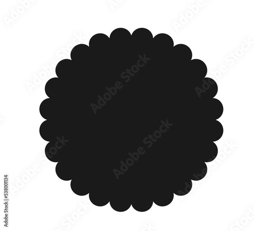 Circle scalloped frame. Scalloped edge round shape. Simple label and sticker form. Flower silhouette lace frame. Repeat cute vintage frill ornament. Vector illustration isolated on white background.