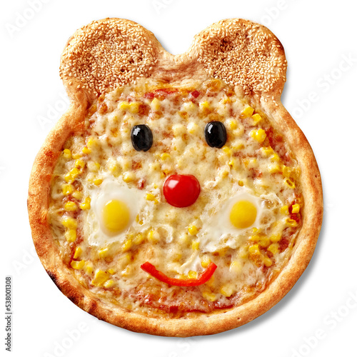 Funny bear-shaped pizza with pelati sauce, mozzarella, corn, cherry tomato, bell pepper, olives, quail eggs and sesame photo