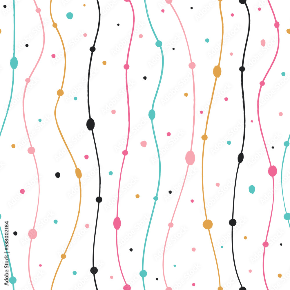 Hand drawn Seamless pattern with multicolored wavy lines and dots on white background, design for wallpaper, wrapping paper, textile, fabric and more