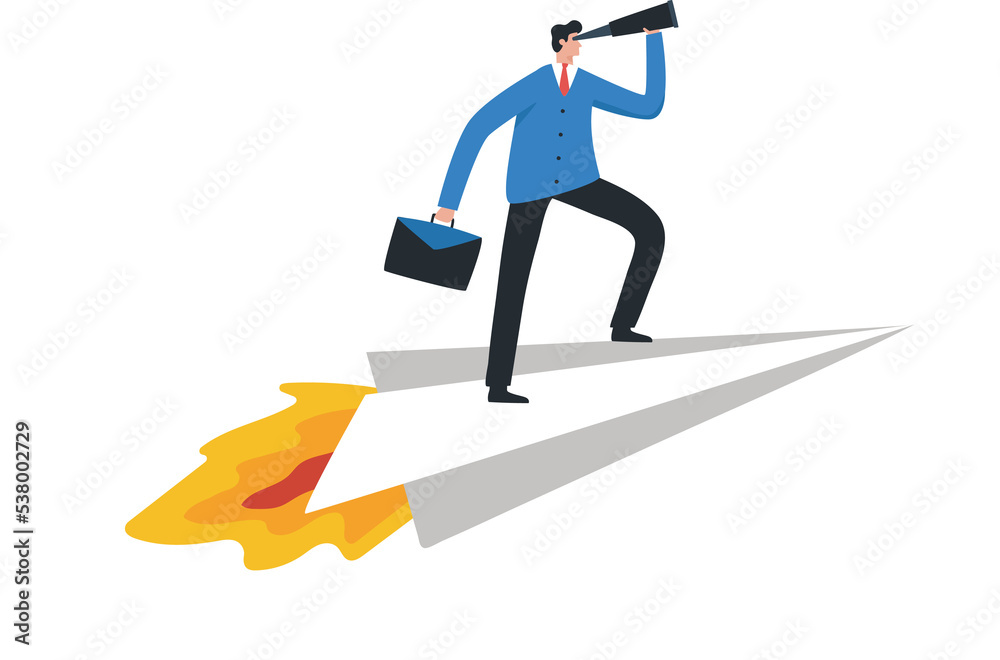 Business vision direction. Startup success growth upward trajectory and reaching goals. Businessman holding binoculars standing on a paper plane.
