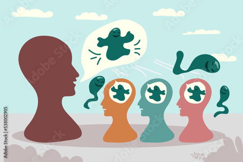Man struggling with fear, social influence, control and manipulation. Concept of escaping from addiction and dependence. Colored flat textured vector illustration of man attached to creeping hands.