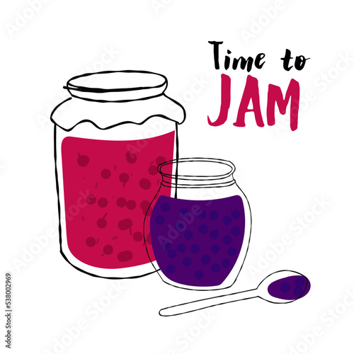 Homemade jars of jam illustration with text Time to Jam isolated on white background