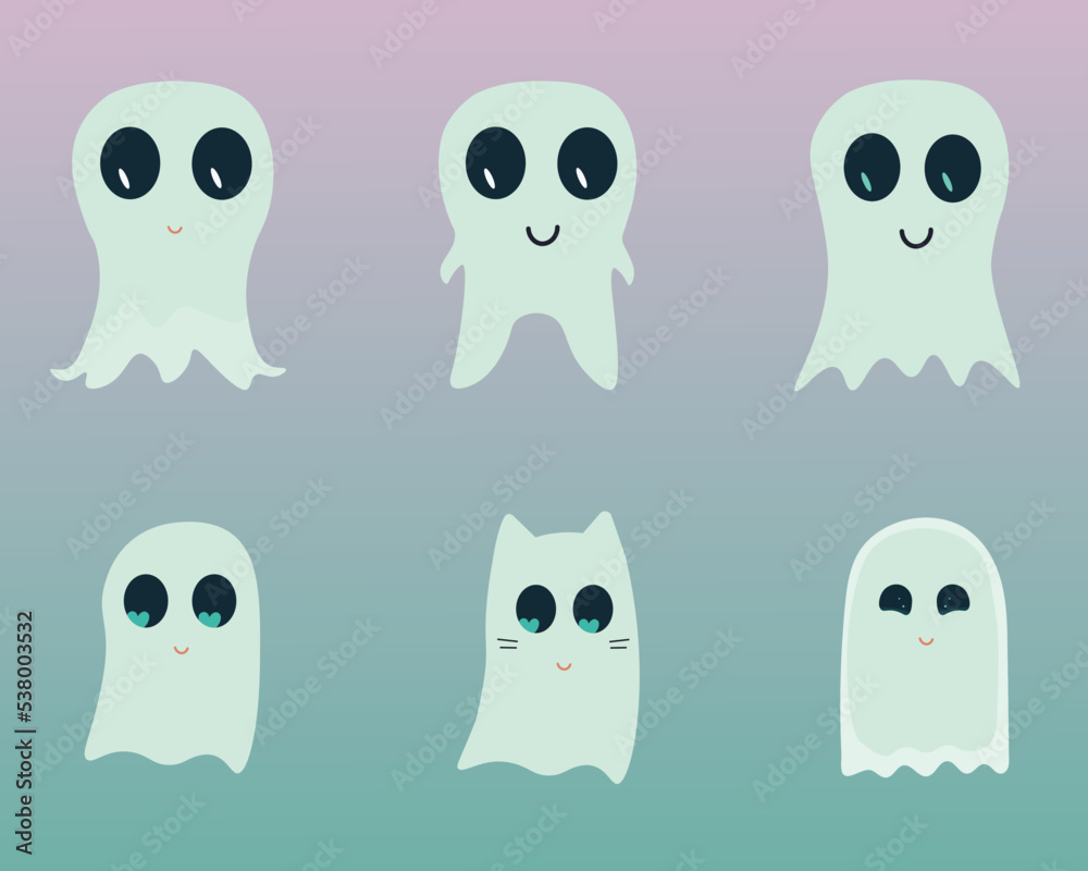 cute funny happy ghosts. Set of spooky boo characters. Magic scary spirits with different shapes. Isolated flat cartoon vector illustrations of comic phantoms cute funny happy ghosts. Set of spooky boo characters. Magic scary spirits with different shapes. Isolated flat cartoon vector illustrations of comic phantoms
