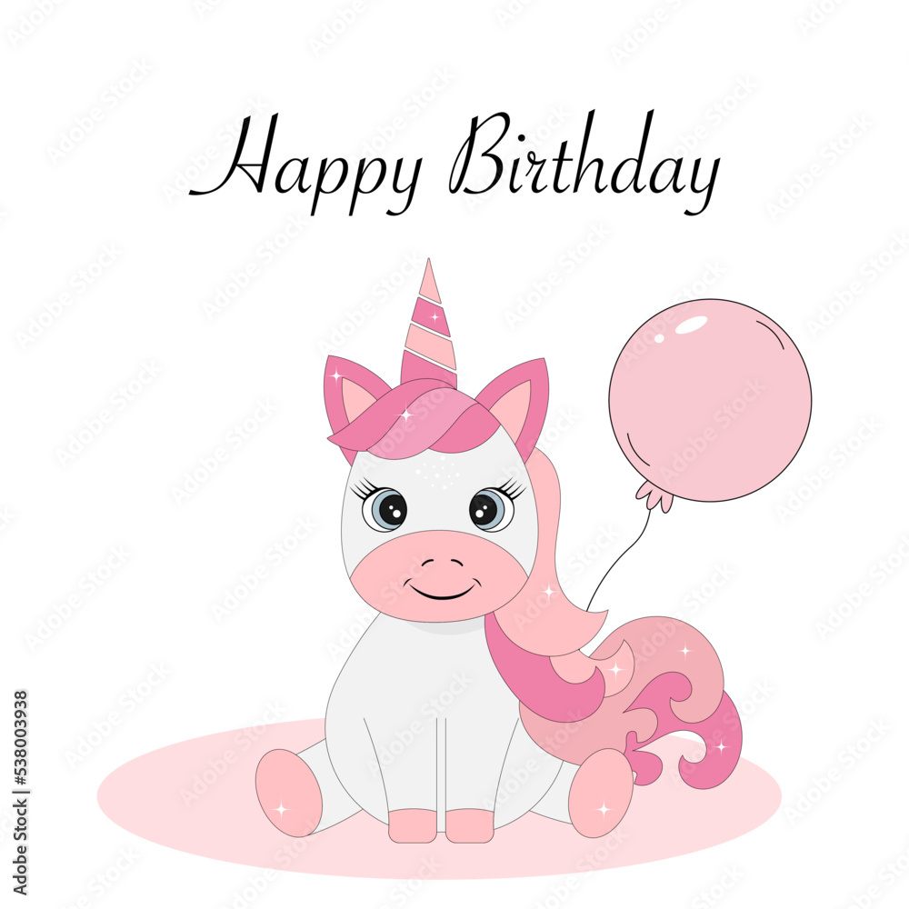 Unicorn baby with a balloon. Happy birthday text.