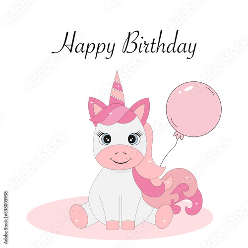 Unicorn baby with a balloon. Happy birthday text.