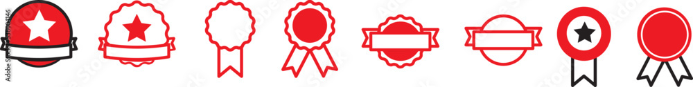 Set of vector red starburst, sunburst badges. Red icons on white background. Simple flat style vintage labels, stickers.

