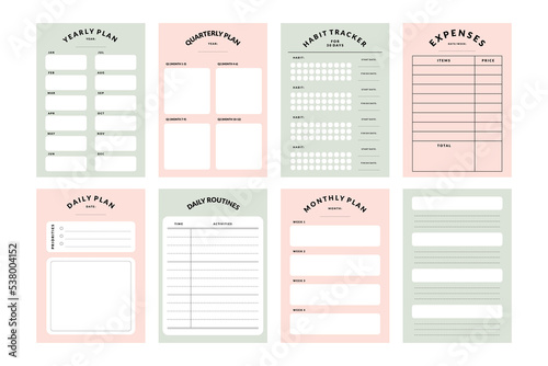 Printable Vector Notepad Template Collection with Daily Planner, Weekly Planner, Monthly Planner, Yearly Planner, Habit Tracker for Journaling