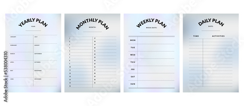 Printable Vector Notepad Template Collection with Daily Planner, Weekly Planner, Monthly Planner, Yearly Planner, Habit Tracker for Journaling with Gradient Background
