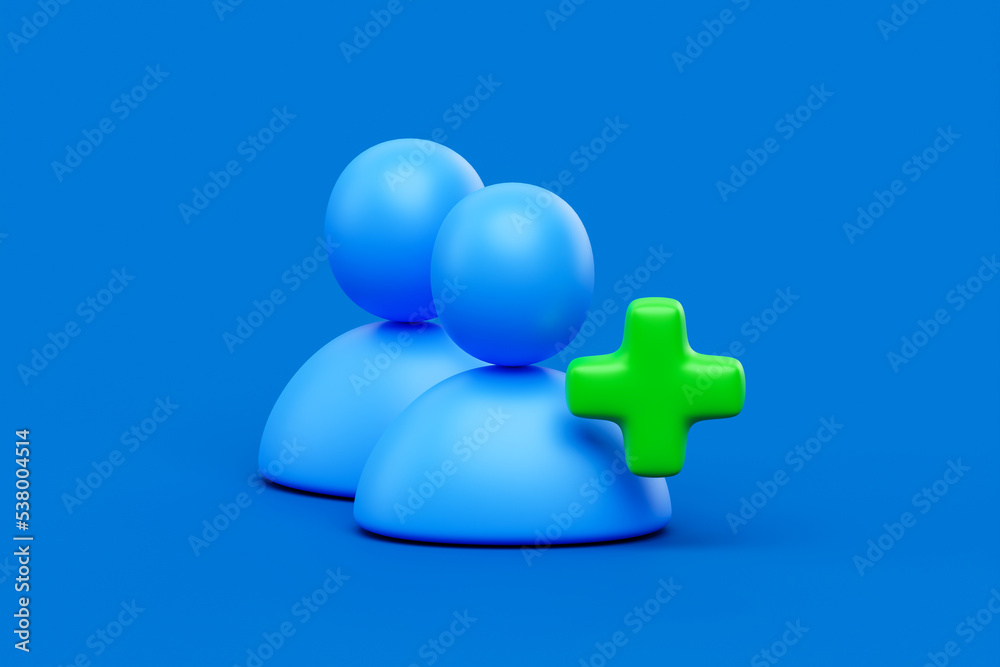 Social add friend contact 3d icon on online communication blue background with user person member avatar symbol or business community profile account sign and internet connection new follower concept.