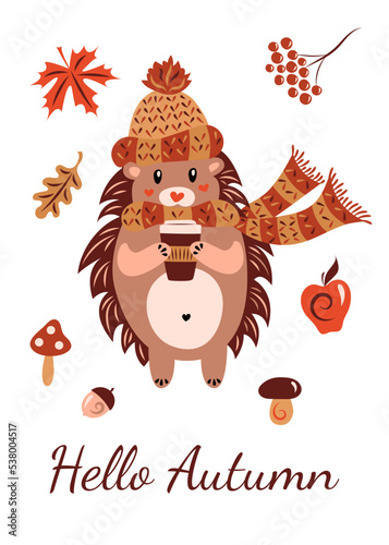 Card with a hedgehog in a hat, scarf with a hot tasty drink and the inscription Hello autumn.