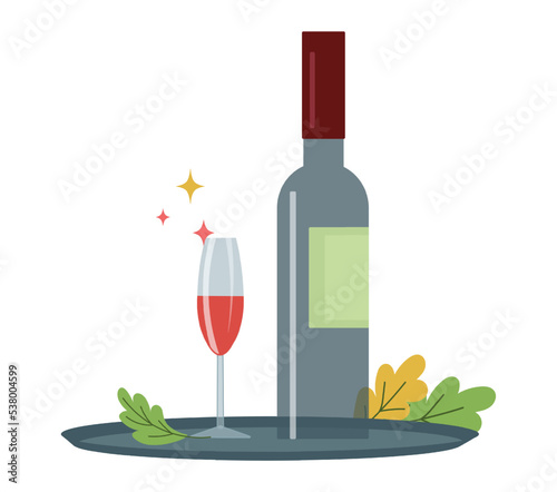 A glass and a bottle of red wine on a tray. Glass wine vector. Symbol of the cultural use of alcoholic beverages. Isolated flat design with autumn oak leaves. Illustration for cafes, restaurants.