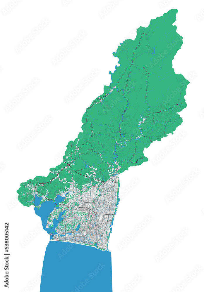 Hamamatsu map. Detailed map of Hamamatsu city administrative area. Cityscape panorama illustration. Road map with highways, streets, rivers.