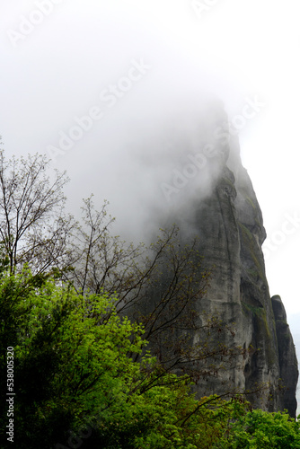 Rocks of Meteora in the fog  Greece    Felsen von Meteora im Nebel  Griechenland