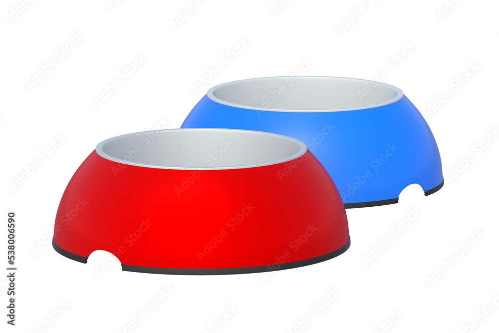 Two bowls for food or water for dog, cat or other pets isolated on white background. 3d render Two bowls for food or water for dog, cat or other pets isolated on white background. 3d render