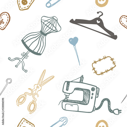 Seamless pattern with sewing tools linear icons scattered on white background. Outline seamstress supplies for tailoring and needlework. Handmade kids clothes wrapping paper design.