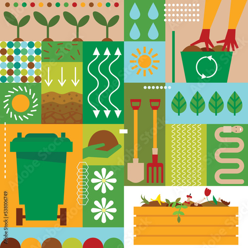 Garden composting bin with scraps. Eco friendly compost. No food wasted. Recycling organic waste, compost. Sustainable living, zero waste concept. Hand drawn vector illustration