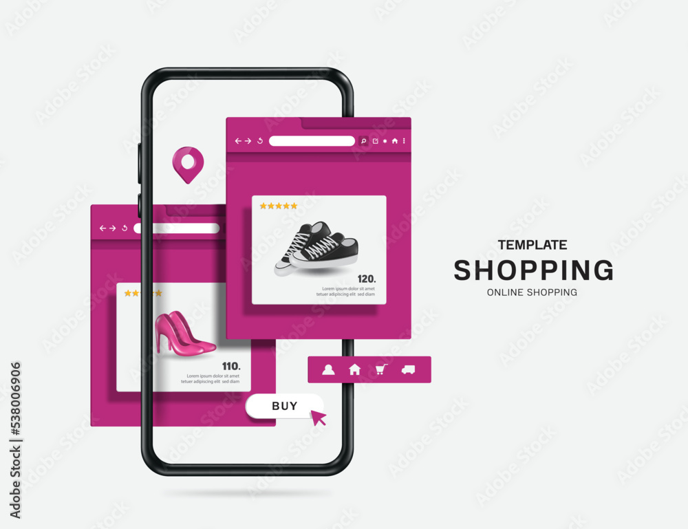 Purple tone online shopping app template on web browsers overlapping 2 tabs and all displayed on smartphone Purple tone online shopping app template on web browsers overlapping 2 tabs and all displayed on smartphone