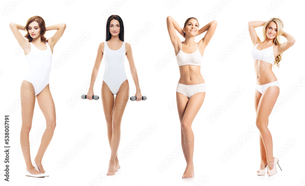 Young, fit, happy and beautiful blond woman in white swimsuit isolated on white background - set collection. Healthcare, diet, sport and fitness. Young, fit, happy and beautiful blond woman in white swimsuit isolated on white background - set collection. Healthcare, diet, sport and fitness.