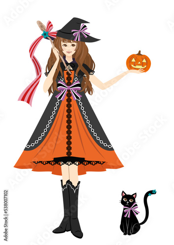 ランタンを持ったハロウィンのかわいい魔女と黒猫
