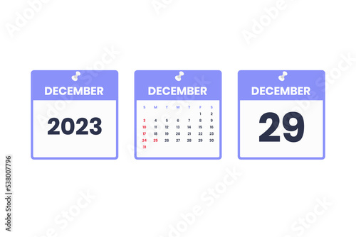 December calendar design. December 29 2023 calendar icon for schedule, appointment, important date concept