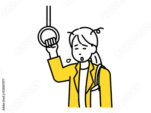 電車のつり革につかまる疲れた女性のイラスト