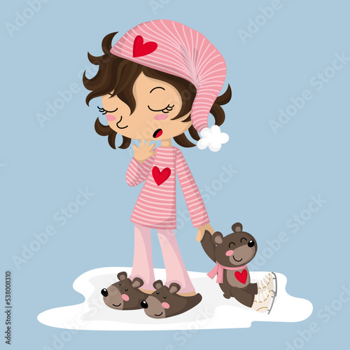 Illustration of a girl ready to sleep with her skate bear.
