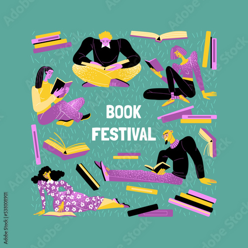 Book festival banner template with people reading books on lawn.Book event. Lifestyle illustrationk