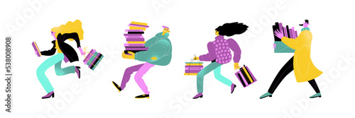 Men and women carrying stacks of books. Bookstore sale or book fair