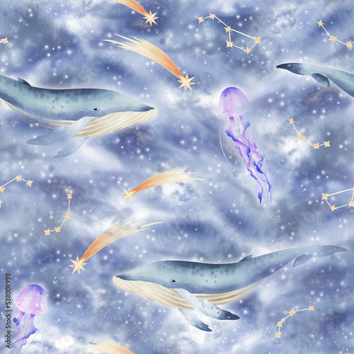 Watercolor pattern with whale in the sky. Watercolor pattern with whale. Watercolor cosmic whale. 