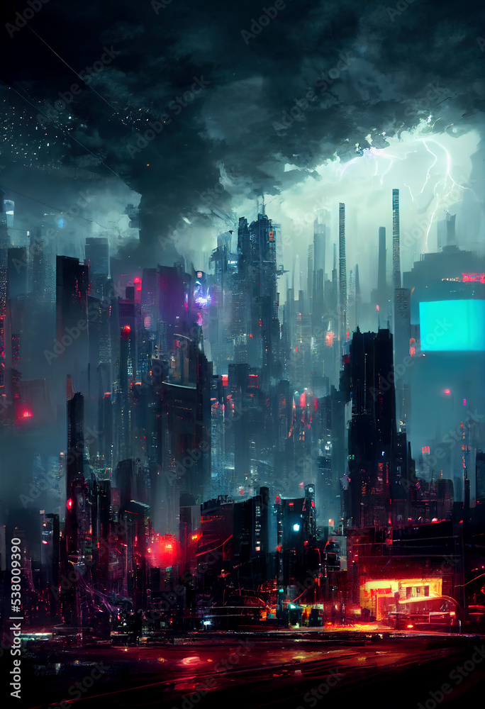 Futuristic city at night with a thunderstorm overhead. Glowing neon lights and signs light the buildings up. Digital concept art speed paint. Futuristic city at night with a thunderstorm overhead. Glowing neon lights and signs light the buildings up. Digital concept art speed paint.