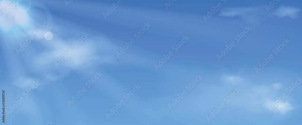 vector illustration of a blue sky on a sunny day with clouds and sunbeams. Template, background with the image of a warm summer or spring day, the personification of serenity and tranquility