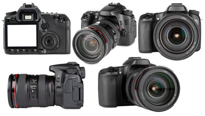 design pattern collection set of professional DSLR photo camera body with zoom lens in various angles isolated white background. media technology and photography concept