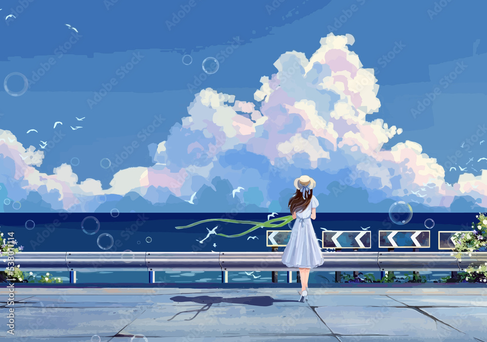 Obraz premium girl standing beside sea anime digital art illustration painting wallpaper