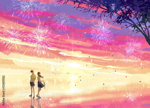 couple at paradise anime digital art illustration painting wallpaper background © Diganime