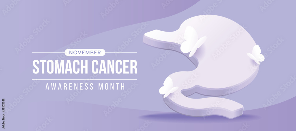 Naklejka premium November, stomach cancer awareness month - white 3D stomach symbol with butterfly around on periwinkle blue background vector design