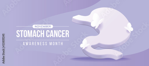 November, stomach cancer awareness month - white 3D stomach symbol with butterfly around on periwinkle blue background vector design