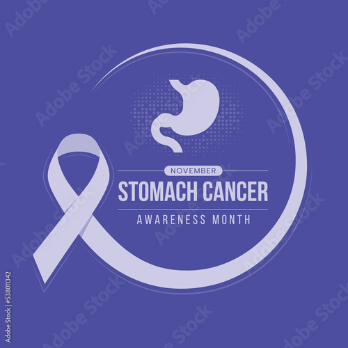 Stomach cancer awareness month text and stomach sign in Periwinkle blue awareness ribbon roll circle frame on purple background vector design