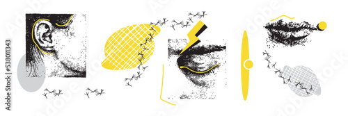 Vector set of universal trendy textured geometric bright shapes and face elements.