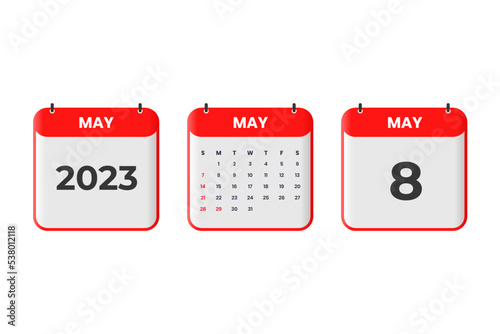 May 2023 calendar design. 8th May 2023 calendar icon for schedule, appointment, important date concept
