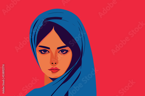 A protest by women in Iran. Proud Iranian woman wearing a hijab.
