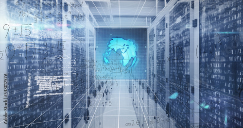 Image of mathematical equations and data processing against computer server room