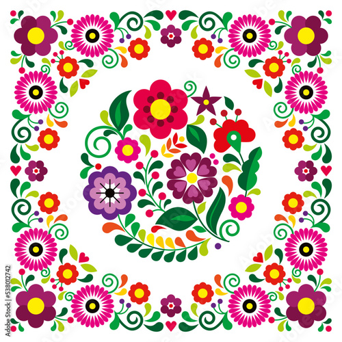 Mexican folk art style vector round floral pattern in frame, greeting card or wedding invitation design inspired by traditional embroidery from Mexico