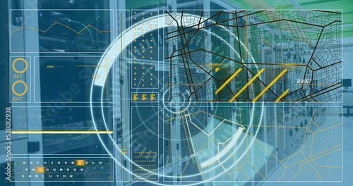 Image of scope scanning with 5g text and data processing over server room