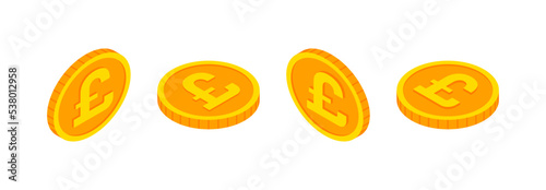 Isometric gold coins set with pound sign. Vector 3d pound sterling cash, currency of United Kingdom, Game coin, English banking money symbol for web, apps. British pound currency exchange icon.