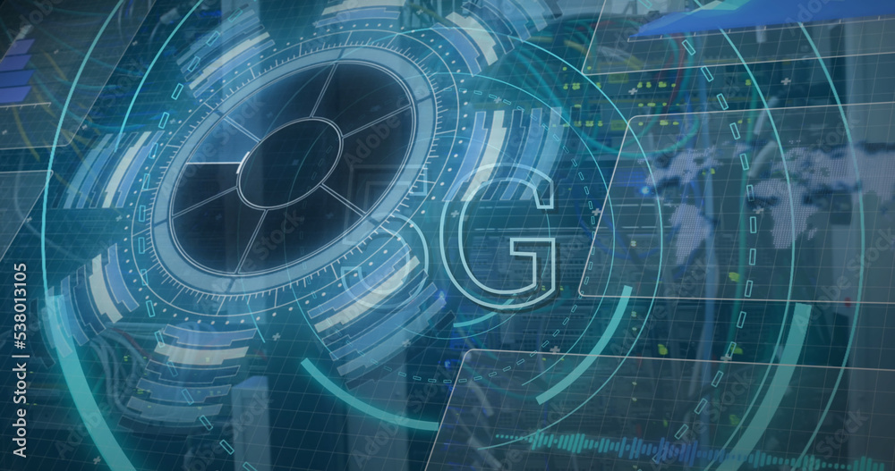 Image of scope scanning with 5g text and data processing over server room Image of scope scanning with 5g text and data processing over server room