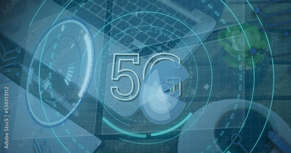 Image of scope scanning with 5g text and data processing over desk with laptop Image of scope scanning with 5g text and data processing over desk with laptop