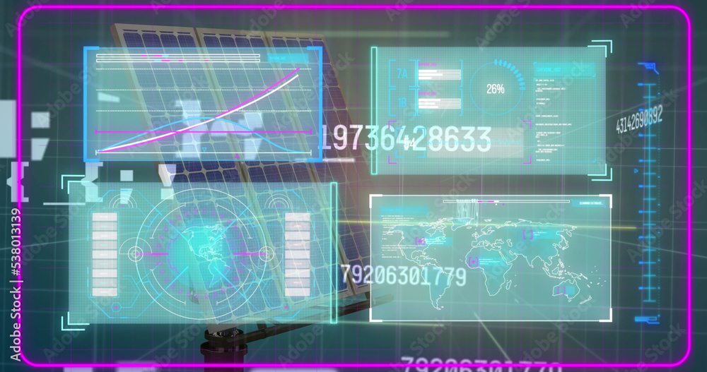 Fototapeta premium Image of data processing over solar panels