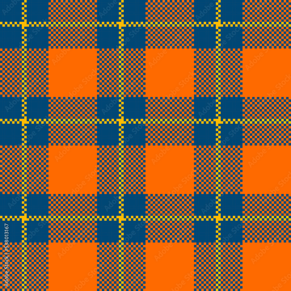 Autumn Checkered Plaid seamless patten. Vector Tartan orange and blue plaid textured background. Traditional fabric print. Fall plaid texture for fashion, print, design